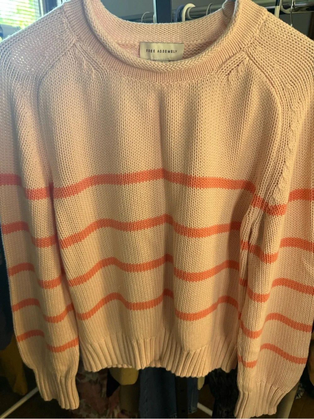 Free Assembly Cream Sweater with Coral Stripes — Crew Neck